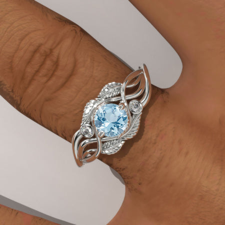 Genuine Aquamarine White Gold Engagement Lattice Floral Accented Ring