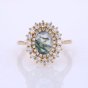 1 Ct  Double Halo Engagement Ring, Vintage Oval Shape Cut Genuine Moss Agate Engagement Ring, Side Accents Stones 14K Gold