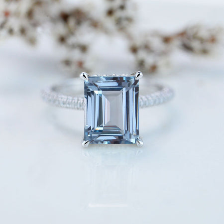 5ct Emerald Cut Moissanite Ring, 5 Carat Emerald Cut Moissanite Engagement Ring, Moissanite Pave Accent Stones Hidden Halo