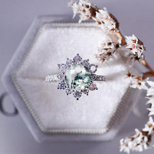 2 Carat Round Moss Agate Snowflake Halo Engagement Ring. Victorian 14K White Gold Ring