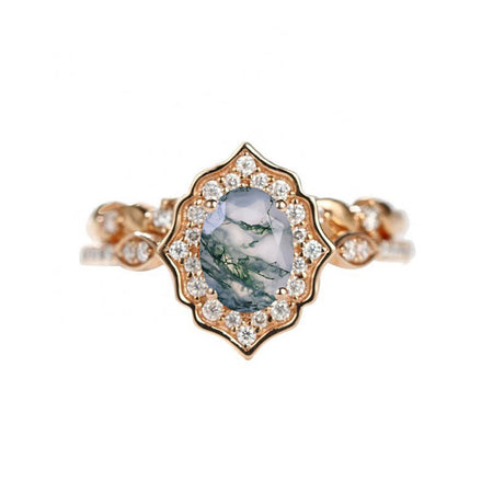 Vintage Oval Genuine Moss Agate Engagement Flower Ring