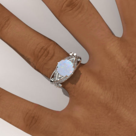 2.0 Carat Genuine Natural White Opal Accented Classic Engagement Ring