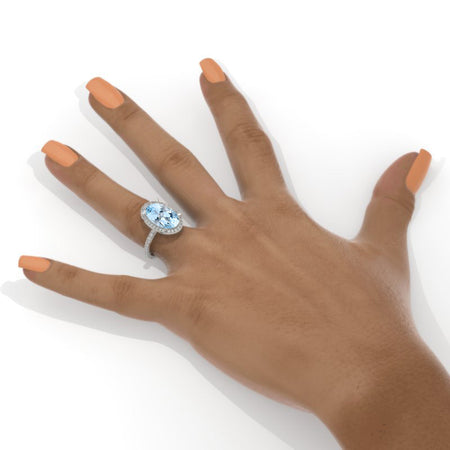 14K White Gold Oval Genuine Aquamarine Halo Cocktail Ring