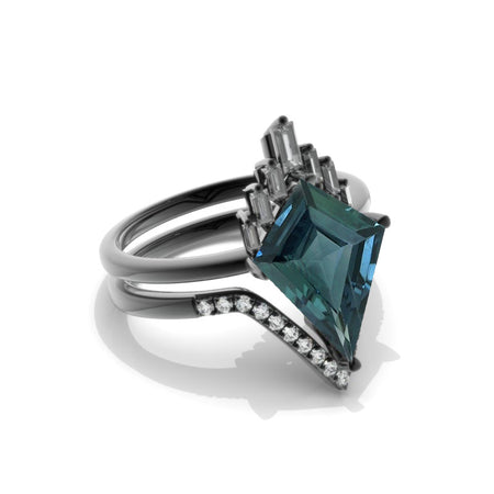 14K Black Gold 4 Carat Kite Teal Sapphire Halo Engagement Ring, Eternity Ring Set