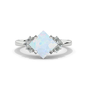 2 Carat Princess Cut Genuine Natural White Opal White Gold Halo Engagement Ring