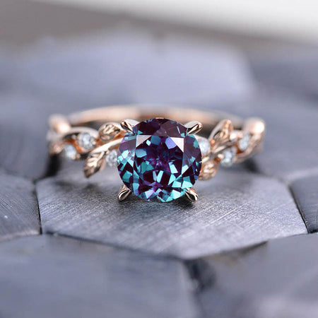 2 Carat Round Brilliant Cut Alexandrite Floral Rose Gold Engagement Ring