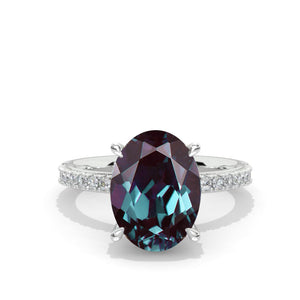 6Ct Oval Alexandrite Engagement Ring, Oval Cut Shape Dainty Engagement Ring, Alexandrite Hidden Halo Pave accents ring