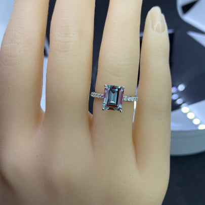 Luxury 3 Carat Emerald Step Cut Alexandrite Hidden Halo Engagement 14K White Gold Ring