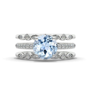 14K White Gold 2 Carat Round Cut Genuine Aquamarine Engagement Ring Eternity Ring Set