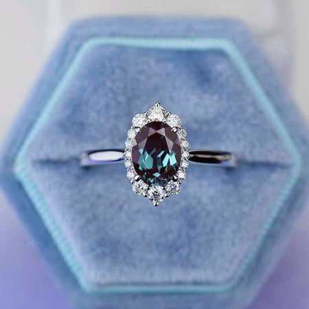 14K White Gold 2 Carat Oval Alexandrite Halo Engagement Ring