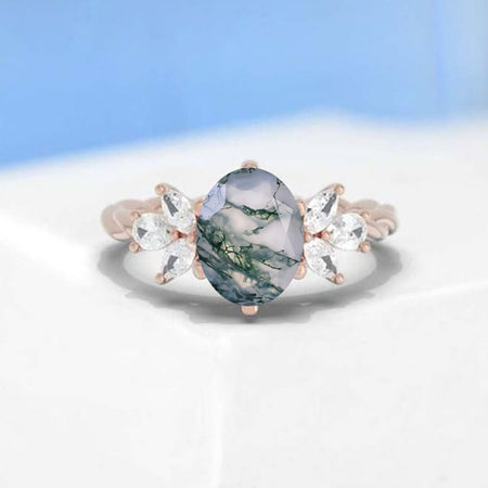 2 Carat Oval Genuine Moss Agate Vintage Engagement Rose Gold Ring, Moss Agate Cut Rose Gold Ring, 2ct Oval Rope Shank Ring