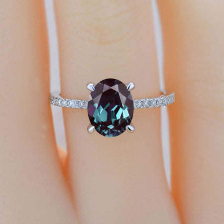 3 Carat Carat Oval Alexandrite Ring, Hidden Halo Gold Engagement Ring