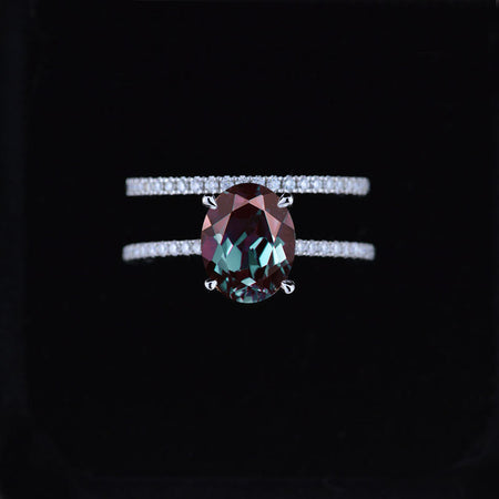 3 Carat Oval Alexandrite Hidden Halo Engagement Ring Set