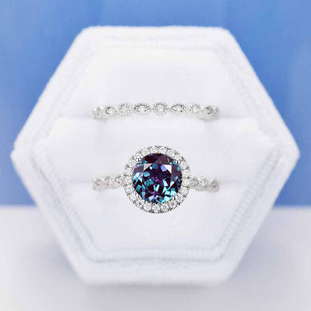 2 Carat Alexandrite Halo Engagement Eternity Two Rings Set