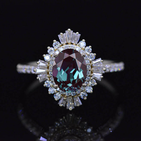 1.5 Carat Alexandrite Oval Cut Halo 14K Yellow Gold Engagement Ring