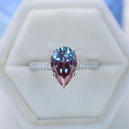 3 Carat Pear Cut Alexandrite Hidden Halo Gold Engagement Ring