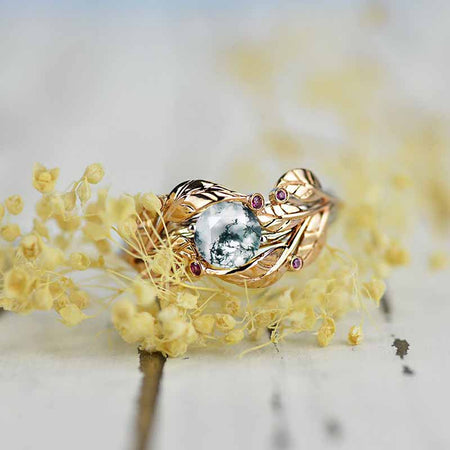 Floral Genuine Moss Agate Engagement Ring 14K Rose and White Gold-6 Genuine Ruby Accents