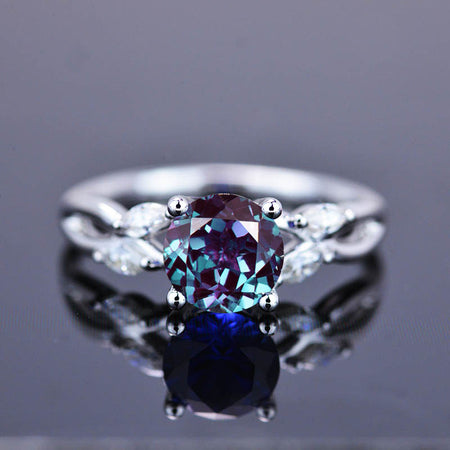 2Ct Round Alexandrite Engagement Ring, Alexandrite Engagement Ring, Alexandrite Side Accents Stones 14K White Gold Ring