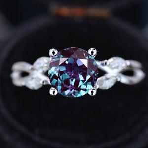 2Ct Round Alexandrite Engagement Ring, Alexandrite Engagement Ring, Alexandrite Side Accents Stones 14K White Gold Ring