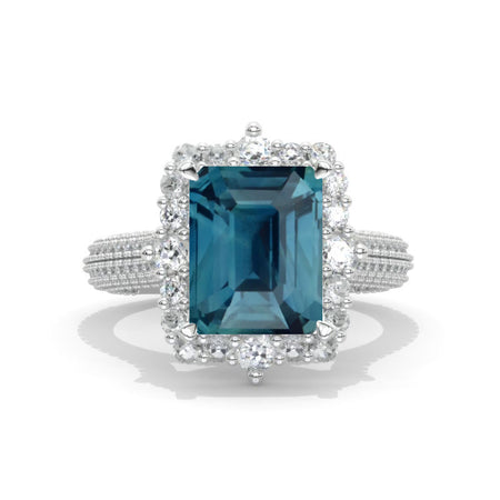 4 Carat Vintage Style 10x8mm Emerald Cut Teal Sapphire White Gold Engagement Ring