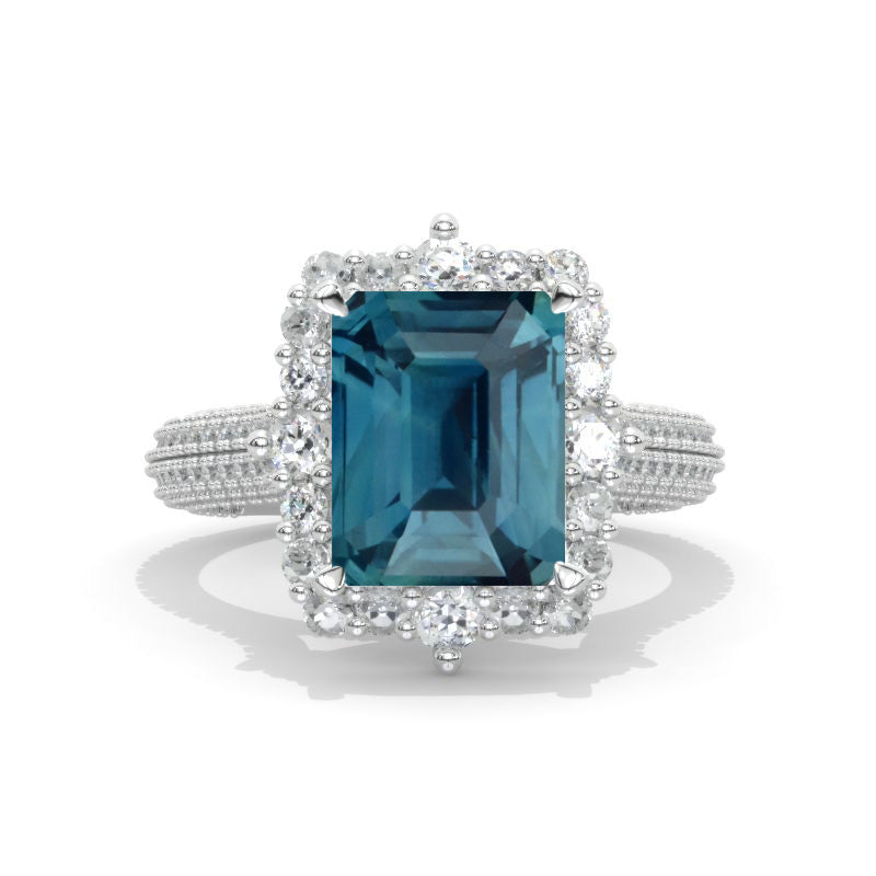 2 Carat Vintage Style Emerald Cut Teal Sapphire White Gold Engagement ...