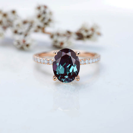 2 Carat Alexandrite Oval Cut Hidden Halo Rose Gold Engagement  Ring