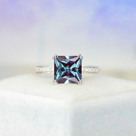 3 Carat Princess Cut Alexandrite Stone 14K White Gold Ring