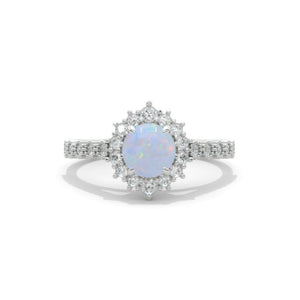 14K White Gold 1 Carat Round Genuine Natural White Opal Halo Engagement Ring