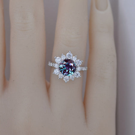 2 Carat Round Alexandrite Snowflake Halo Engagement Ring. Victorian 14K White Gold Ring