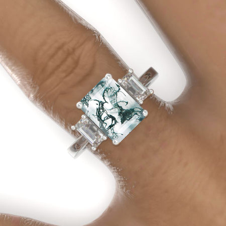 3 Carat Giliarto Emerald Cut Genuine Moss Agate Three-Stone  Engagement Ring