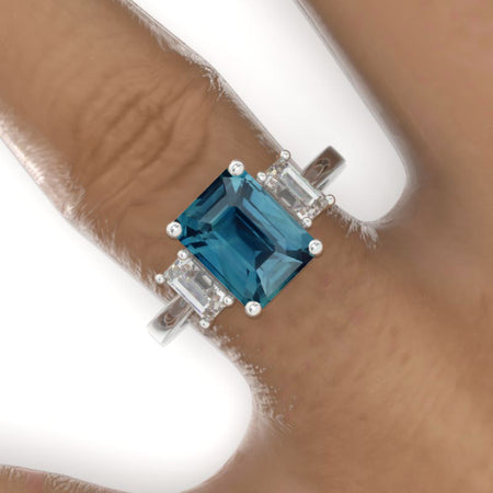 3 Carat Emerald Cut Teal Sapphire Three-Stone  Engagement Ring