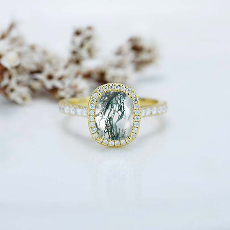 2.5Ct Cushion Genuine Moss Agate 14K Yellow Gold Engagement Ring, Cushion Halo Engagement Ring