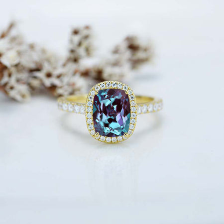 2.5Ct Cushion Alexandrite 14K Yellow Gold Engagement Ring, Cushion Halo Engagement Ring