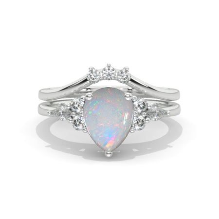 14K White Gold 1.5 Carat Pear Genuine Natural White Opal Engagement Ring. Eternity Ring Set