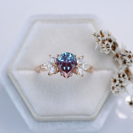 2 Carat Pear Shaped Alexandrite Engagement Ring. Vintage Alexandrite Cut Cluster Engagement Ring
