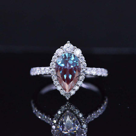 3 Carat Halo Pear Cut Alexandrite14K Solid White Gold Ring