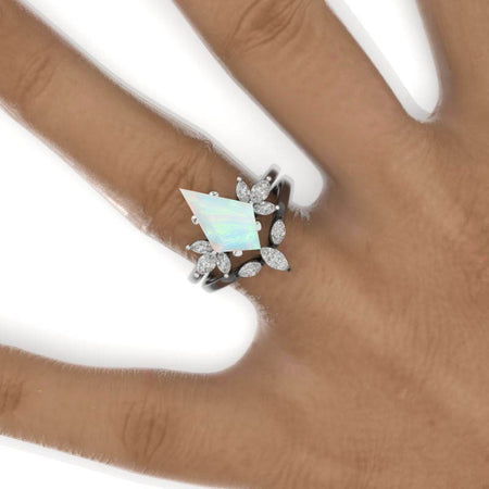 2.5 Carat Kite Genuine Natural White Opal Engagement Ring. 2.5CT Fancy Genuine Natural White Opal Black Gold Ring Set