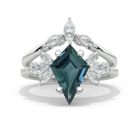 2.5 Carat Kite Teal Sapphire Engagement Ring. 2.5CT Fancy Shield Shape Teal Sapphire Ring Set