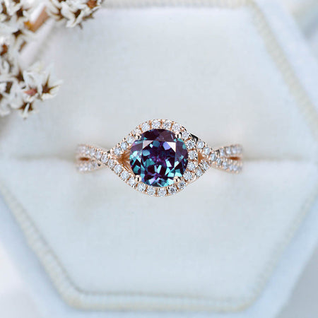 Knot Halo Alexandrite Engagement Ring. Classic lace Victorian 14K White Gold Ring