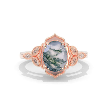 2 Carat Oval Genuine Moss Agate Halo Engagement Ring Moss Agate