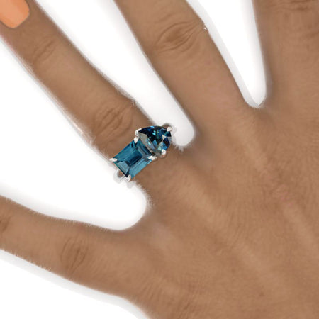 3 Carat Emerald Cut Teal Sapphire with Pear Cut Paired Teal Sapphire Two-Stone  Engagement Ring