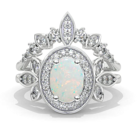 Oval Genuine Natural White Opal Halo 14K White Gold  Engagement Ring, Eternity Ring Set