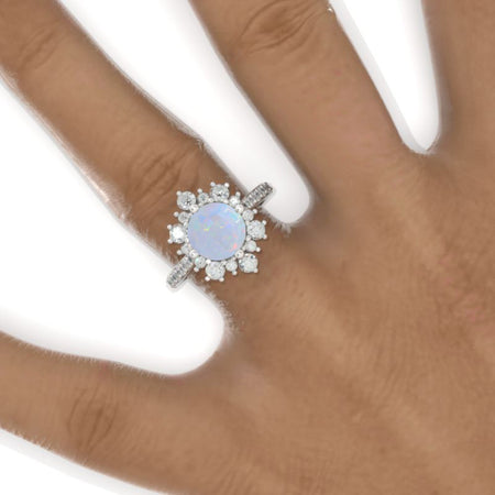 2 Carat Round Snowflake Genuine Natural White Opal Halo Engagement Ring. Victorian 14K White Gold Ring