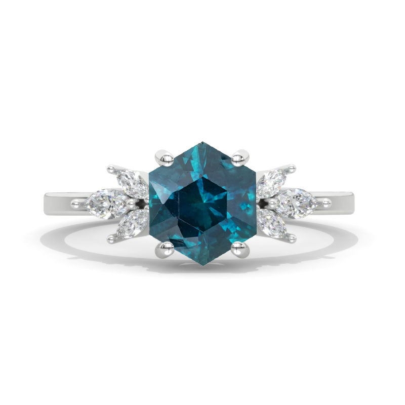 3 Carat Hexagon Teal Sapphire Cluster Engagement Ring - Giliarto