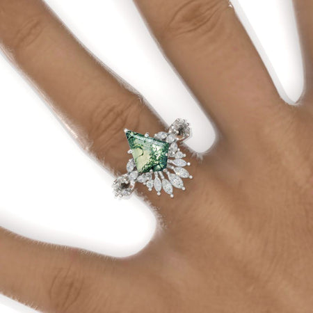 2.5 Carat Kite Genuine Moss Agate Halo 14K White Gold Engagement Ring