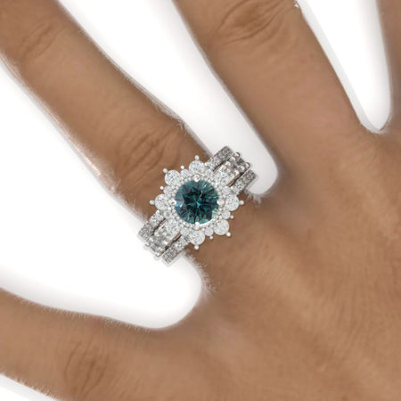 2 Carat Round Brilliant Cut Teal Sapphire Halo 14K White Gold Engagement Ring, Eternity Rings Set