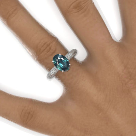 3 Carat Oval Teal Sapphire Halo 14K White Gold Engagement Ring