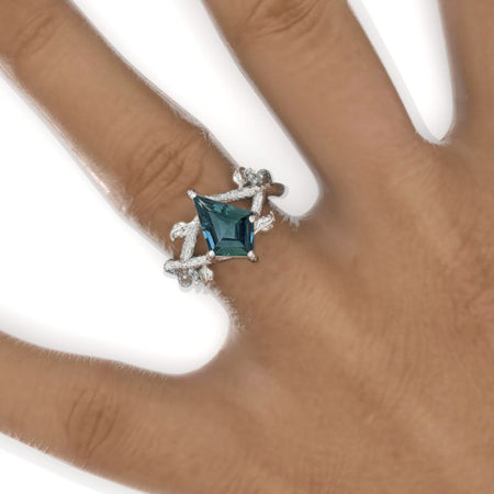 2.5 Carat Kite Teal Sapphire Twig Floral 14K White Gold Engagement Ring