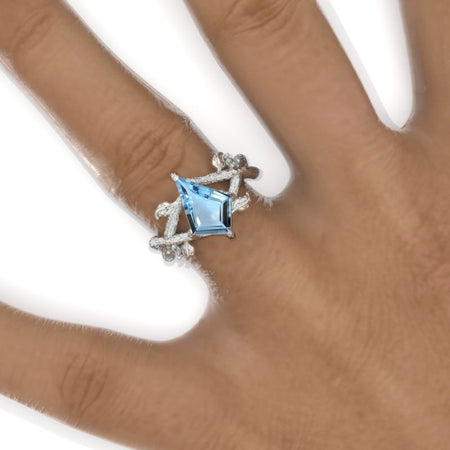 2.5 Carat Kite Genuine Aquamarine Twig Floral 14K White Gold Engagement Ring