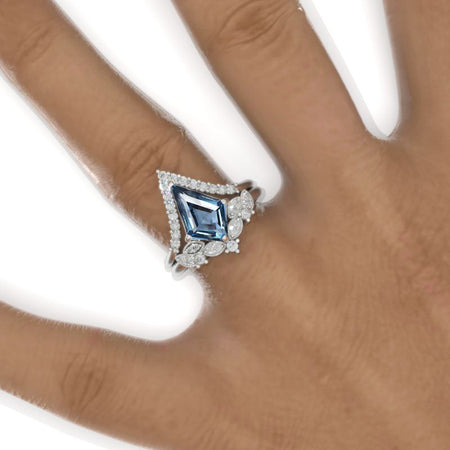 2.5 Carat Kite Genuine Aquamarine Halo Engagement Ring Set. 2.5CT Fancy Kite Shape Aquamarine Ring Set